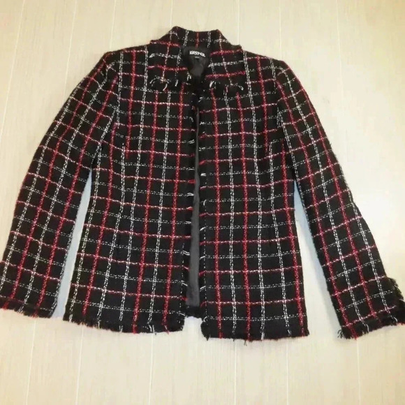 Kasper Jackets & Blazers - Kasper Tweed Tartan Plaid Blazer Black Red Size 4 Fringe Hem Open Front